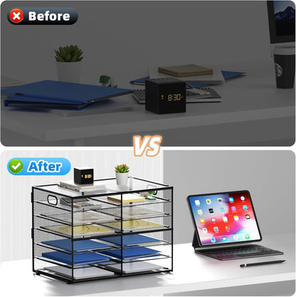 12 Compartments Paper Organizer for Desk, Mesh Literature Organizer, Mail File Sorter Tray with Handle, Desktop Mailbox for Office Classroom Home, Black