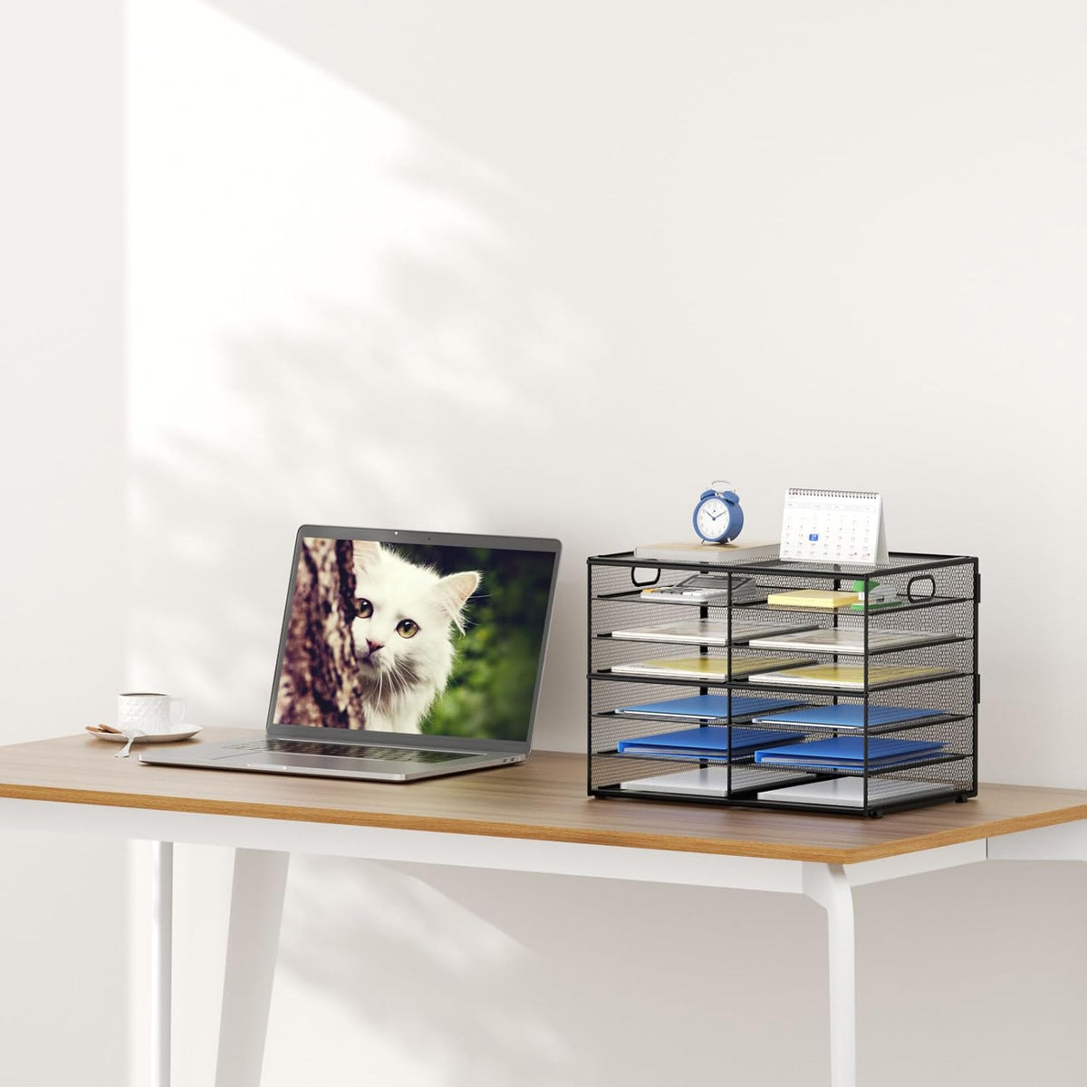 12 Compartments Paper Organizer for Desk, Mesh Literature Organizer, Mail File Sorter Tray with Handle, Desktop Mailbox for Office Classroom Home, Black