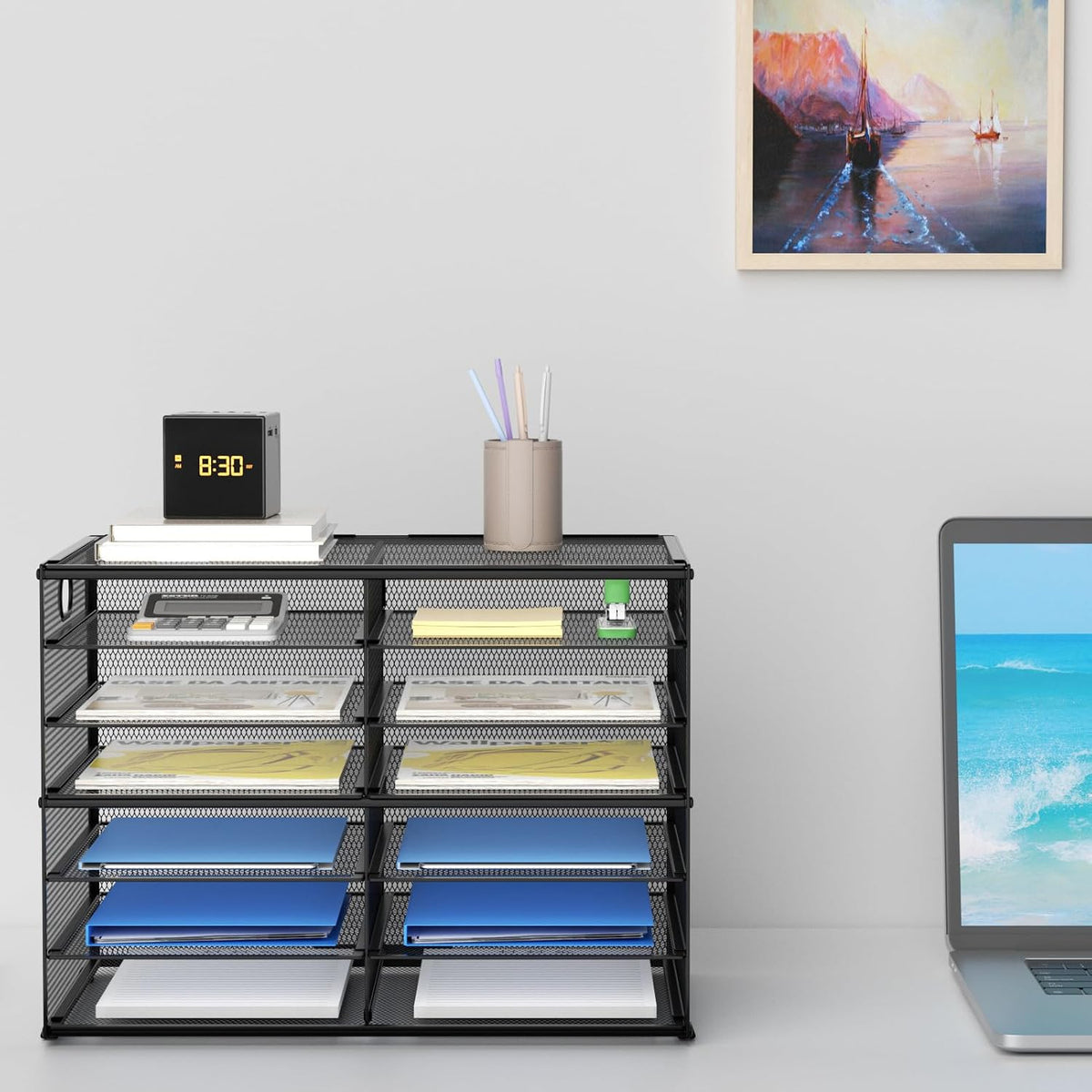 12 Compartments Paper Organizer for Desk, Mesh Literature Organizer, Mail File Sorter Tray with Handle, Desktop Mailbox for Office Classroom Home, Black