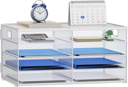 12 Compartments Paper Organizer for Desk, Mesh Literature Organizer, Mail File Sorter Tray with Handle, Desktop Mailbox for Office Classroom Home, Black