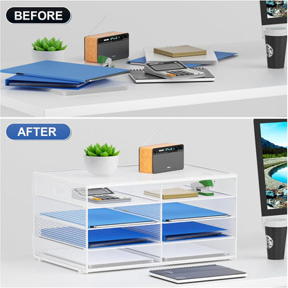 12 Compartments Paper Organizer for Desk, Mesh Literature Organizer, Mail File Sorter Tray with Handle, Desktop Mailbox for Office Classroom Home, Black