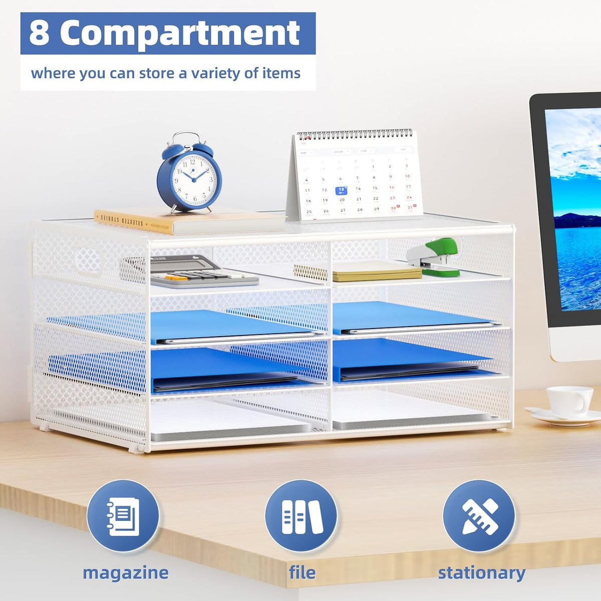 12 Compartments Paper Organizer for Desk, Mesh Literature Organizer, Mail File Sorter Tray with Handle, Desktop Mailbox for Office Classroom Home, Black