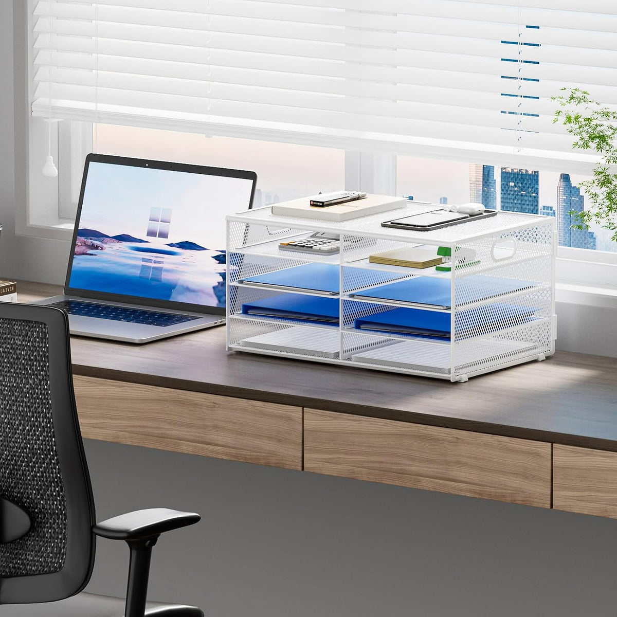 12 Compartments Paper Organizer for Desk, Mesh Literature Organizer, Mail File Sorter Tray with Handle, Desktop Mailbox for Office Classroom Home, Black