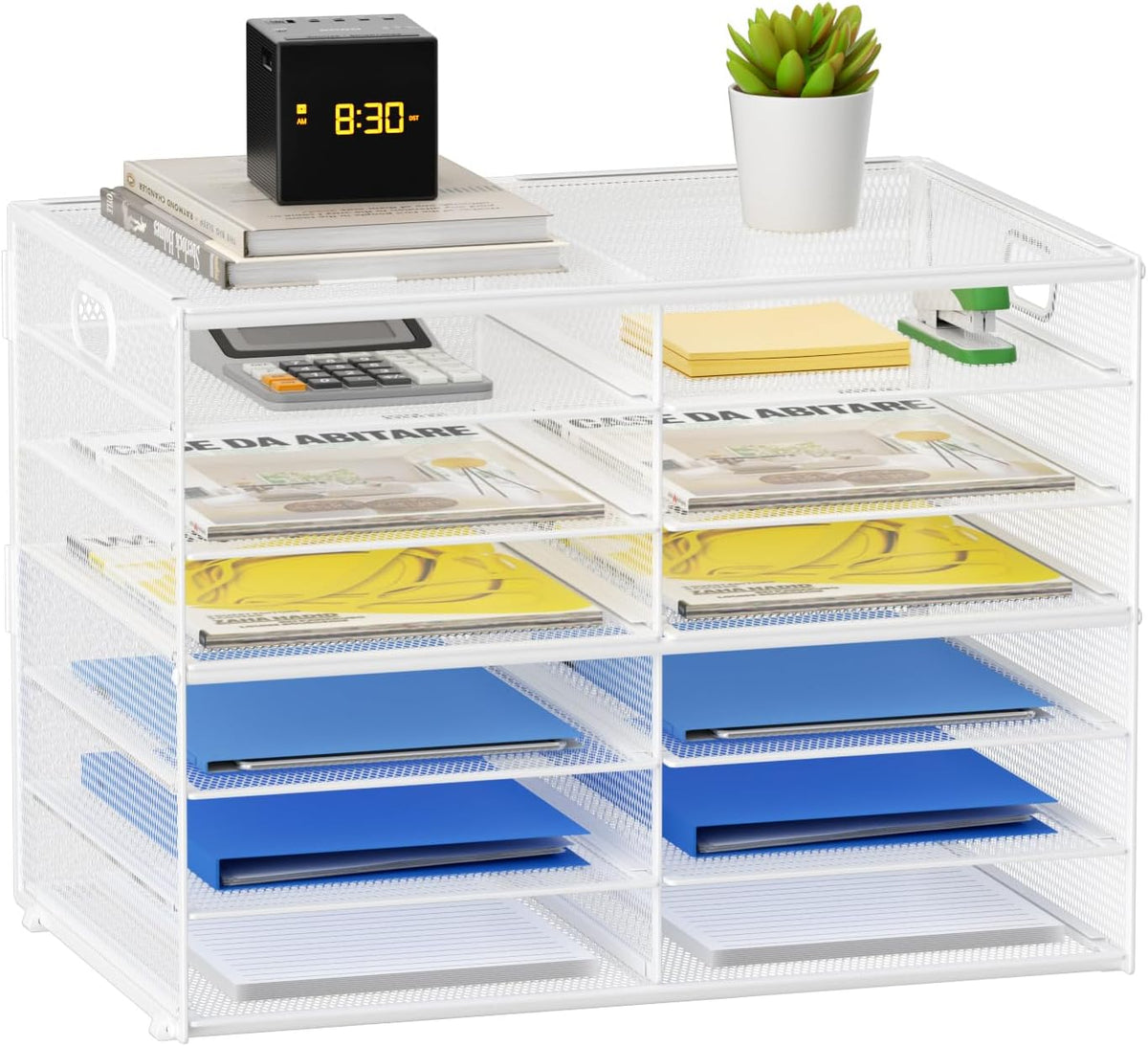 12 Compartments Paper Organizer for Desk, Mesh Literature Organizer, Mail File Sorter Tray with Handle, Desktop Mailbox for Office Classroom Home, Black
