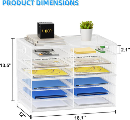 12 Compartments Paper Organizer for Desk, Mesh Literature Organizer, Mail File Sorter Tray with Handle, Desktop Mailbox for Office Classroom Home, Black
