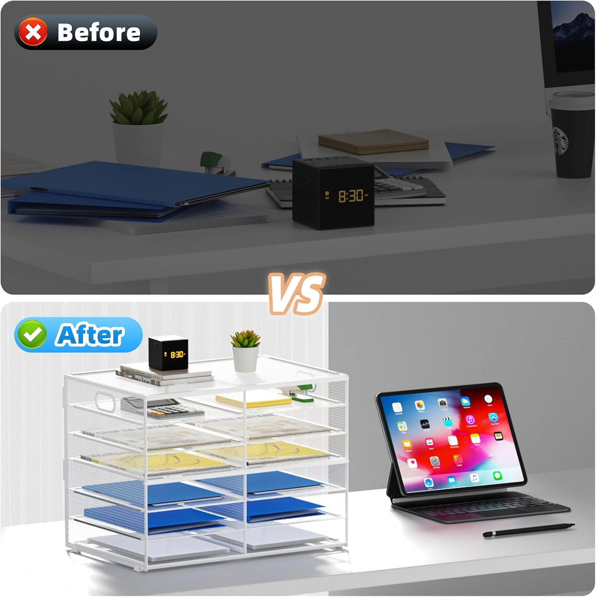 12 Compartments Paper Organizer for Desk, Mesh Literature Organizer, Mail File Sorter Tray with Handle, Desktop Mailbox for Office Classroom Home, Black