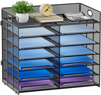 12 Compartments Paper Organizer for Desk, Mesh Literature Organizer, Mail File Sorter Tray with Handle, Desktop Mailbox for Office Classroom Home, Black