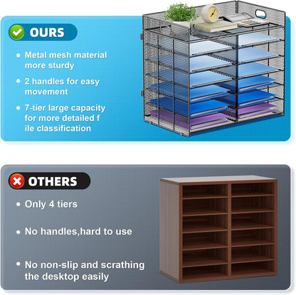 12 Compartments Paper Organizer for Desk, Mesh Literature Organizer, Mail File Sorter Tray with Handle, Desktop Mailbox for Office Classroom Home, Black