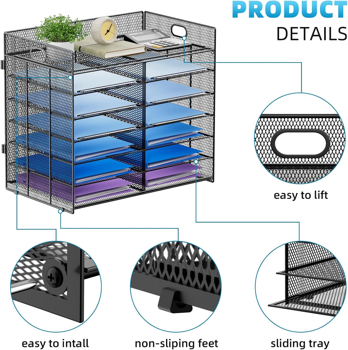 12 Compartments Paper Organizer for Desk, Mesh Literature Organizer, Mail File Sorter Tray with Handle, Desktop Mailbox for Office Classroom Home, Black