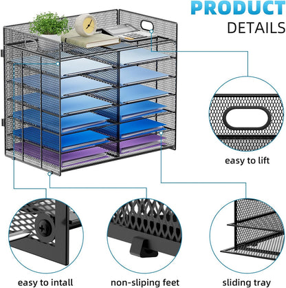 12 Compartments Paper Organizer for Desk, Mesh Literature Organizer, Mail File Sorter Tray with Handle, Desktop Mailbox for Office Classroom Home, Black
