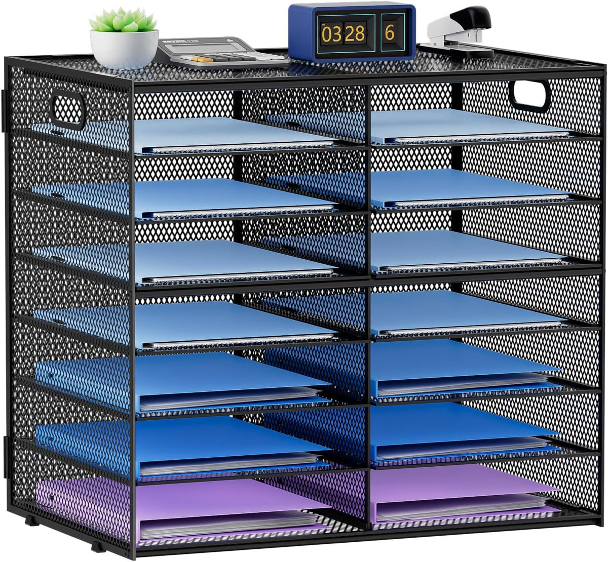 12 Compartments Paper Organizer for Desk, Mesh Literature Organizer, Mail File Sorter Tray with Handle, Desktop Mailbox for Office Classroom Home, Black