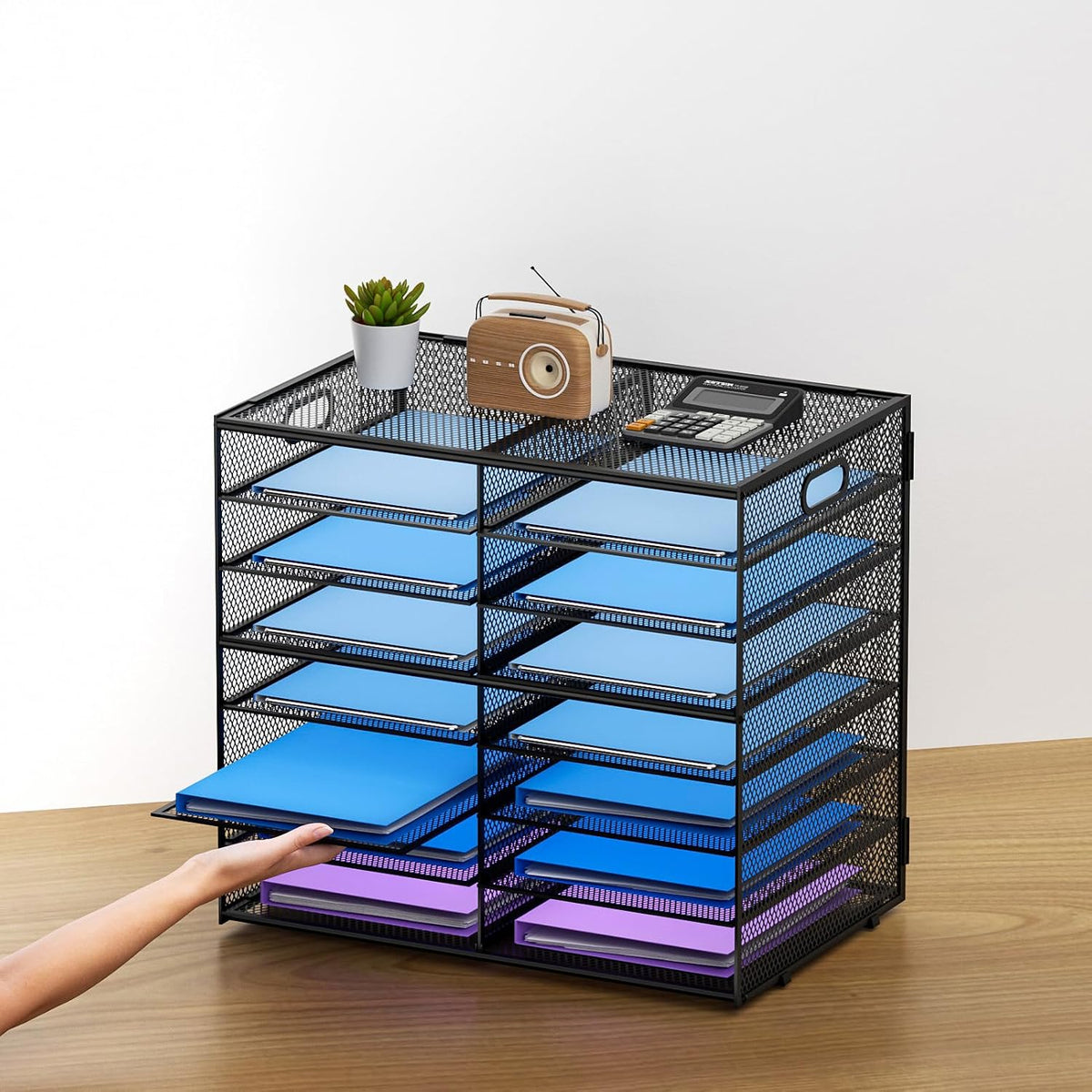 12 Compartments Paper Organizer for Desk, Mesh Literature Organizer, Mail File Sorter Tray with Handle, Desktop Mailbox for Office Classroom Home, Black
