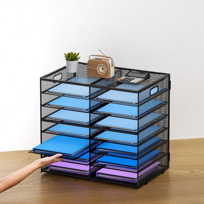12 Compartments Paper Organizer for Desk, Mesh Literature Organizer, Mail File Sorter Tray with Handle, Desktop Mailbox for Office Classroom Home, Black