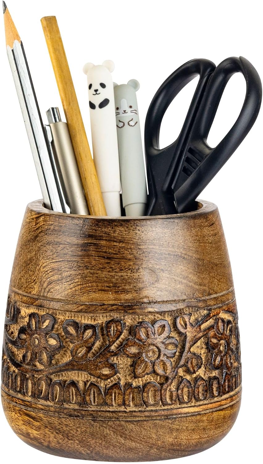Rustic Pencil Holder, Wooden Pen Stand, Table Desk Organizer