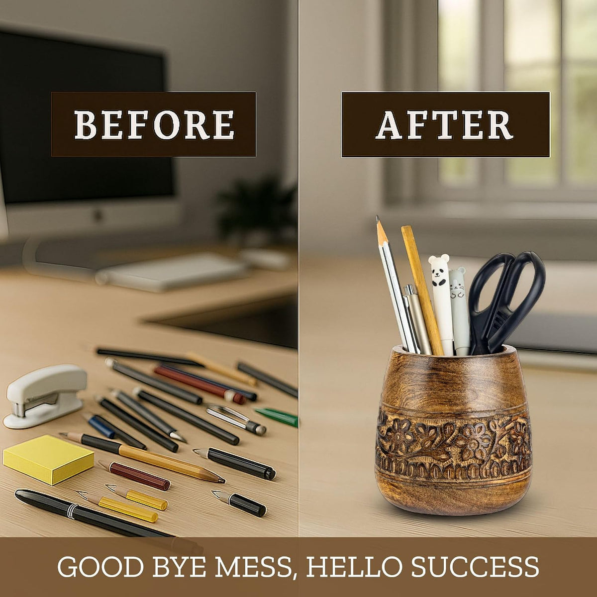 Rustic Pencil Holder, Wooden Pen Stand, Table Desk Organizer