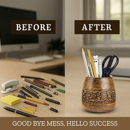 Rustic Pencil Holder, Wooden Pen Stand, Table Desk Organizer
