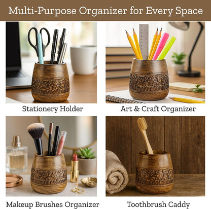 Rustic Pencil Holder, Wooden Pen Stand, Table Desk Organizer