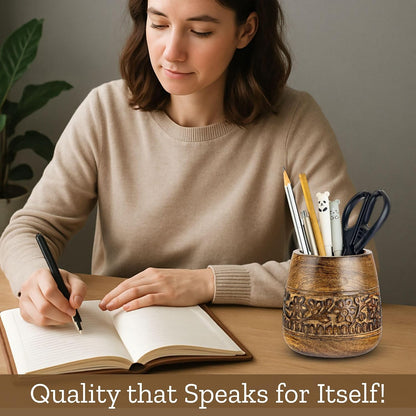 Rustic Pencil Holder, Wooden Pen Stand, Table Desk Organizer