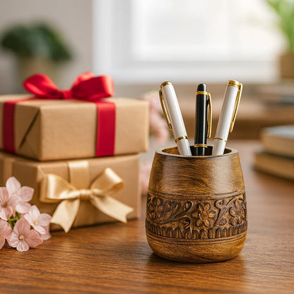 Rustic Pencil Holder, Wooden Pen Stand, Table Desk Organizer