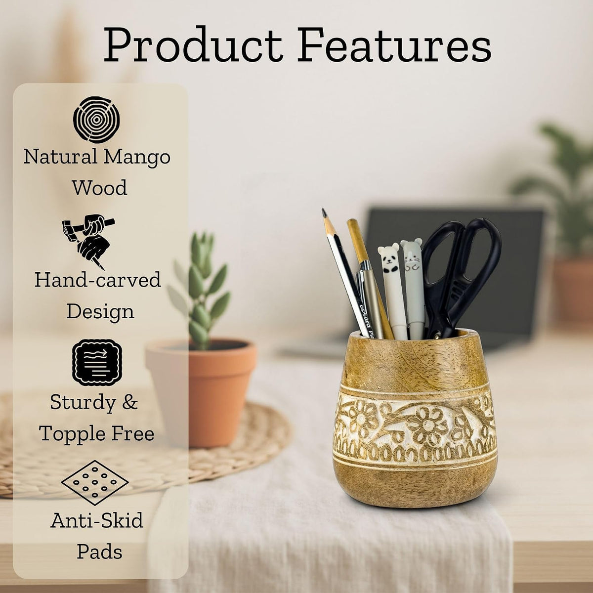 Rustic Pencil Holder, Wooden Pen Stand, Table Desk Organizer