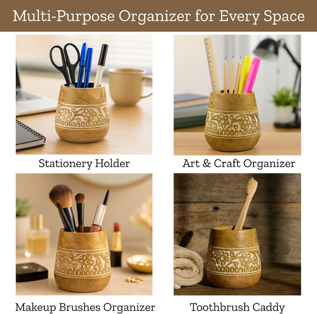 Rustic Pencil Holder, Wooden Pen Stand, Table Desk Organizer