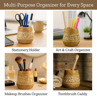 Rustic Pencil Holder, Wooden Pen Stand, Table Desk Organizer