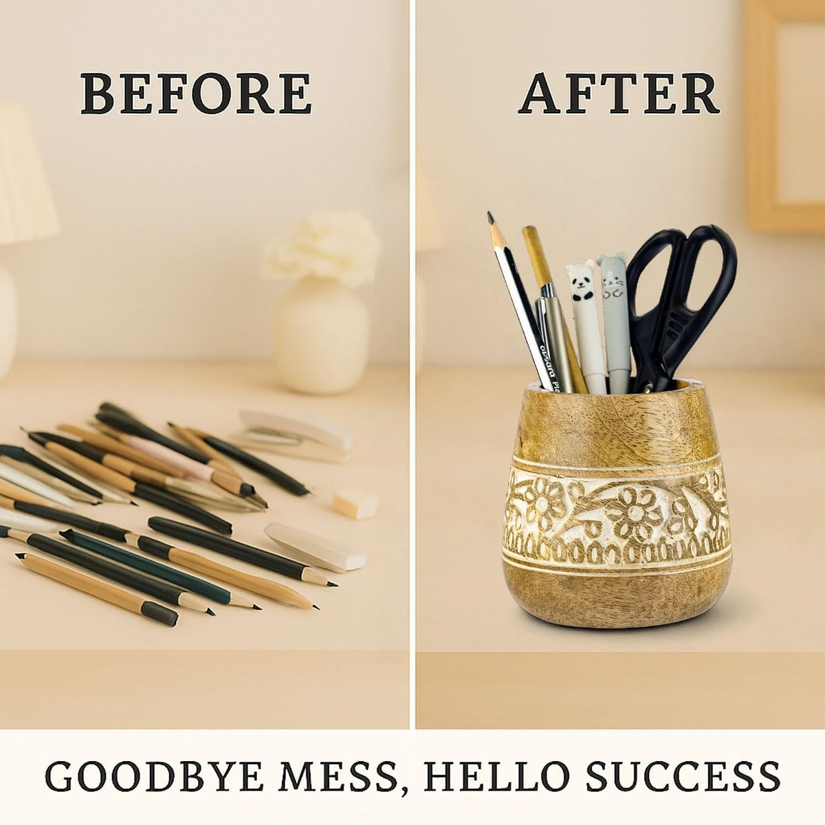 Rustic Pencil Holder, Wooden Pen Stand, Table Desk Organizer