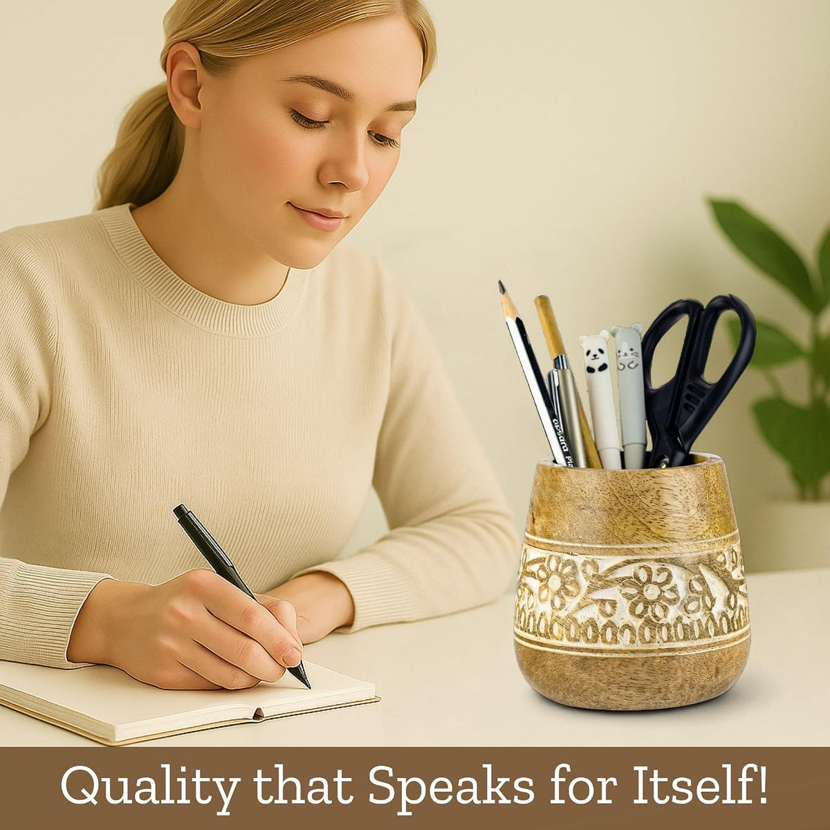 Rustic Pencil Holder, Wooden Pen Stand, Table Desk Organizer