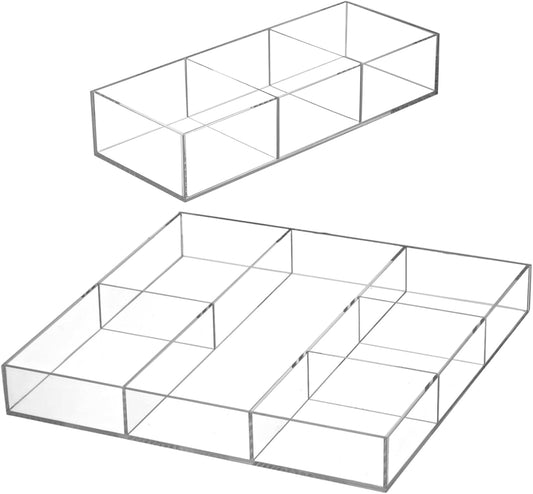 2 Pack Acrylic Drawer Organizer Tray, 6/3 Section Clear Makeup Tray Organizer for Drawer, Junk Drawer Storage for Office Desk Supplies and Accessories