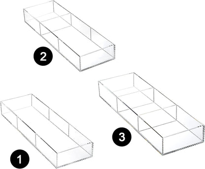 2 Pack Acrylic Drawer Organizer Tray, 6/3 Section Clear Makeup Tray Organizer for Drawer, Junk Drawer Storage for Office Desk Supplies and Accessories
