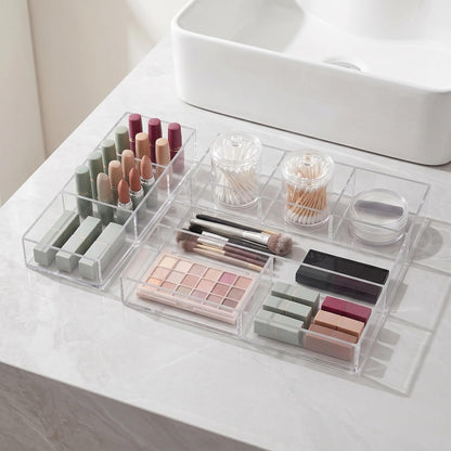 2 Pack Acrylic Drawer Organizer Tray, 6/3 Section Clear Makeup Tray Organizer for Drawer, Junk Drawer Storage for Office Desk Supplies and Accessories