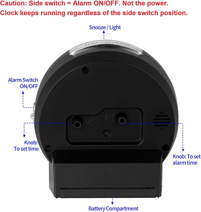 4.3" No Ticking Analog Alarm Clock,Silent Readable for Seniors,Easy to Set,Gradual Rise Alarm,Big Numbers,On/Off Switch on Side,Gentle Wake,Snooze,Lighted on Demand,Battery Operated,Black