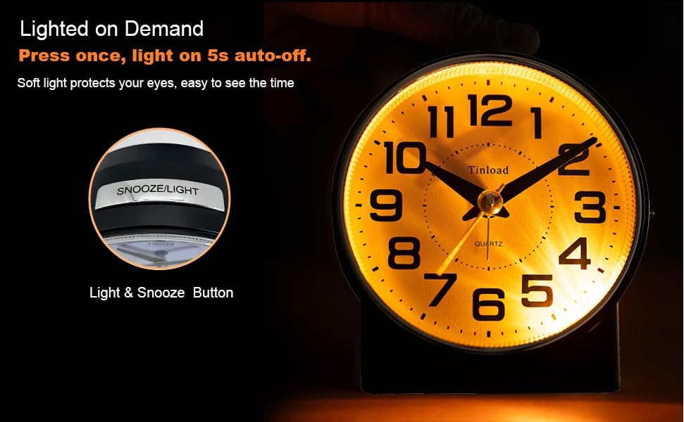 4.3" No Ticking Analog Alarm Clock,Silent Readable for Seniors,Easy to Set,Gradual Rise Alarm,Big Numbers,On/Off Switch on Side,Gentle Wake,Snooze,Lighted on Demand,Battery Operated,Black