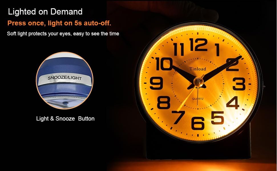 4.3" No Ticking Analog Alarm Clock,Silent Readable for Seniors,Easy to Set,Gradual Rise Alarm,Big Numbers,On/Off Switch on Side,Gentle Wake,Snooze,Lighted on Demand,Battery Operated,Black
