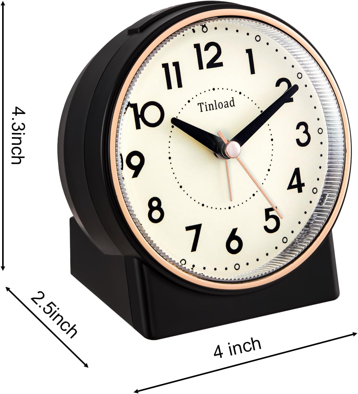 4.3" No Ticking Analog Alarm Clock,Silent Readable for Seniors,Easy to Set,Gradual Rise Alarm,Big Numbers,On/Off Switch on Side,Gentle Wake,Snooze,Lighted on Demand,Battery Operated,Black