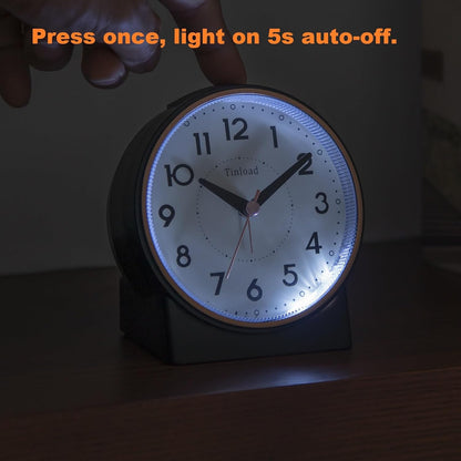 4.3" No Ticking Analog Alarm Clock,Silent Readable for Seniors,Easy to Set,Gradual Rise Alarm,Big Numbers,On/Off Switch on Side,Gentle Wake,Snooze,Lighted on Demand,Battery Operated,Black