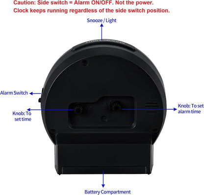 4.3" No Ticking Analog Alarm Clock,Silent Readable for Seniors,Easy to Set,Gradual Rise Alarm,Big Numbers,On/Off Switch on Side,Gentle Wake,Snooze,Lighted on Demand,Battery Operated,Black