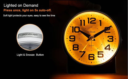 4.3" No Ticking Analog Alarm Clock,Silent Readable for Seniors,Easy to Set,Gradual Rise Alarm,Big Numbers,On/Off Switch on Side,Gentle Wake,Snooze,Lighted on Demand,Battery Operated,Black