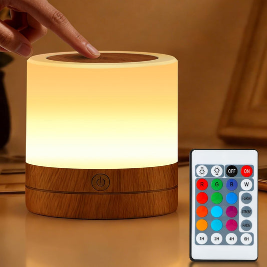 Portable Night Light for Kids, USB Rechargeable Small Desk Lamp,13 RGB Colors & 4 Brightness & 1 Remote, Touch Bedside Table Lamp for Nursery Bedroom Living Room Home (Wood Grain)