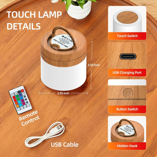 Portable Night Light for Kids, USB Rechargeable Small Desk Lamp,13 RGB Colors & 4 Brightness & 1 Remote, Touch Bedside Table Lamp for Nursery Bedroom Living Room Home (Wood Grain)