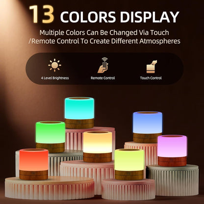 Portable Night Light for Kids, USB Rechargeable Small Desk Lamp,13 RGB Colors & 4 Brightness & 1 Remote, Touch Bedside Table Lamp for Nursery Bedroom Living Room Home (Wood Grain)