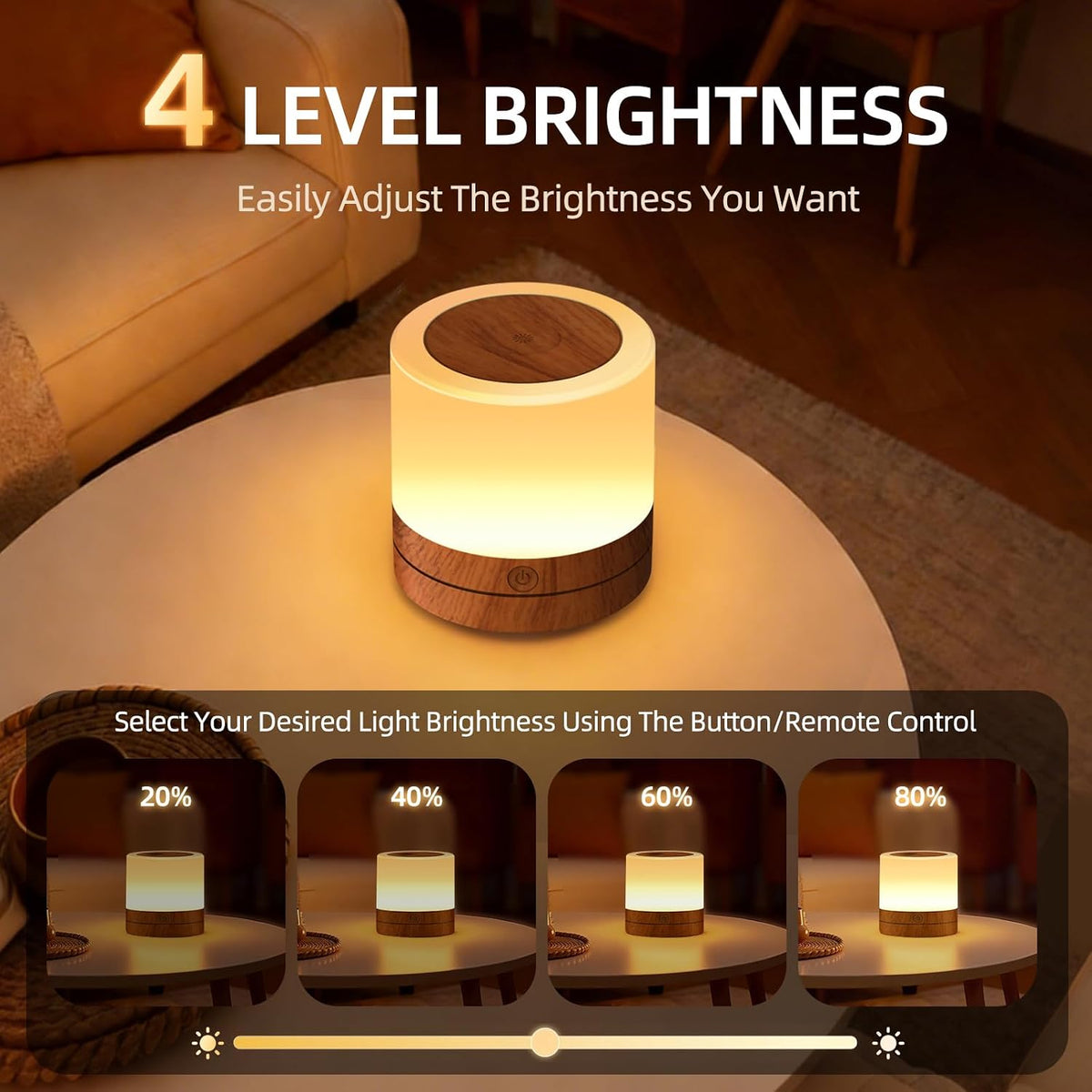 Portable Night Light for Kids, USB Rechargeable Small Desk Lamp,13 RGB Colors & 4 Brightness & 1 Remote, Touch Bedside Table Lamp for Nursery Bedroom Living Room Home (Wood Grain)