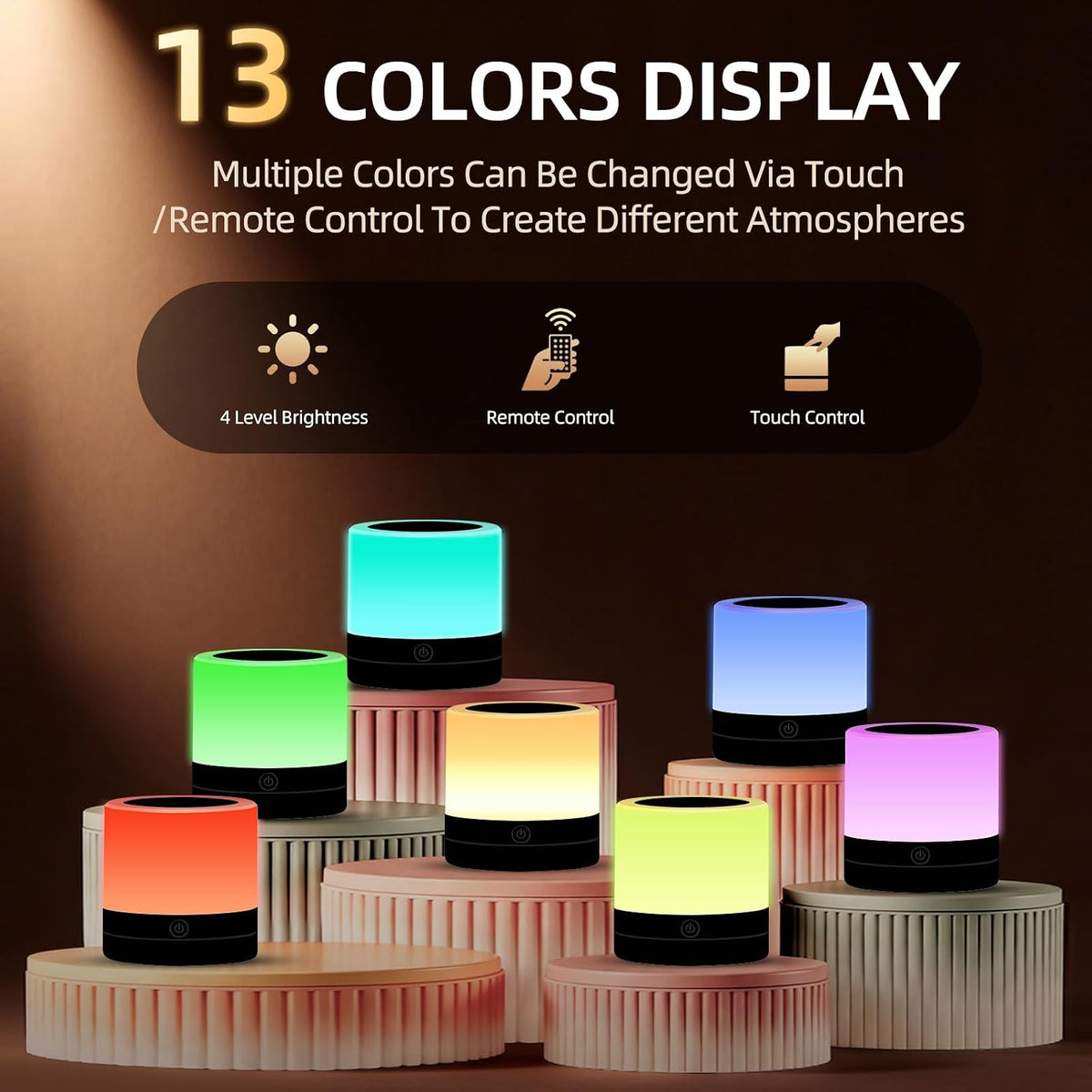 Portable Night Light for Kids, USB Rechargeable Small Desk Lamp,13 RGB Colors & 4 Brightness & 1 Remote, Touch Bedside Table Lamp for Nursery Bedroom Living Room Home (Wood Grain)