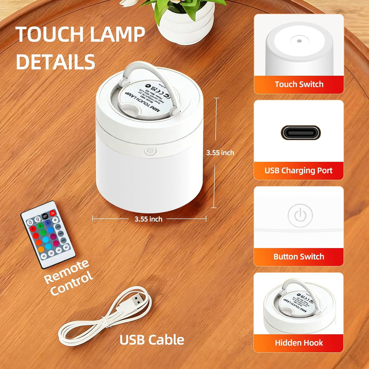 Portable Night Light for Kids, USB Rechargeable Small Desk Lamp,13 RGB Colors & 4 Brightness & 1 Remote, Touch Bedside Table Lamp for Nursery Bedroom Living Room Home (Wood Grain)