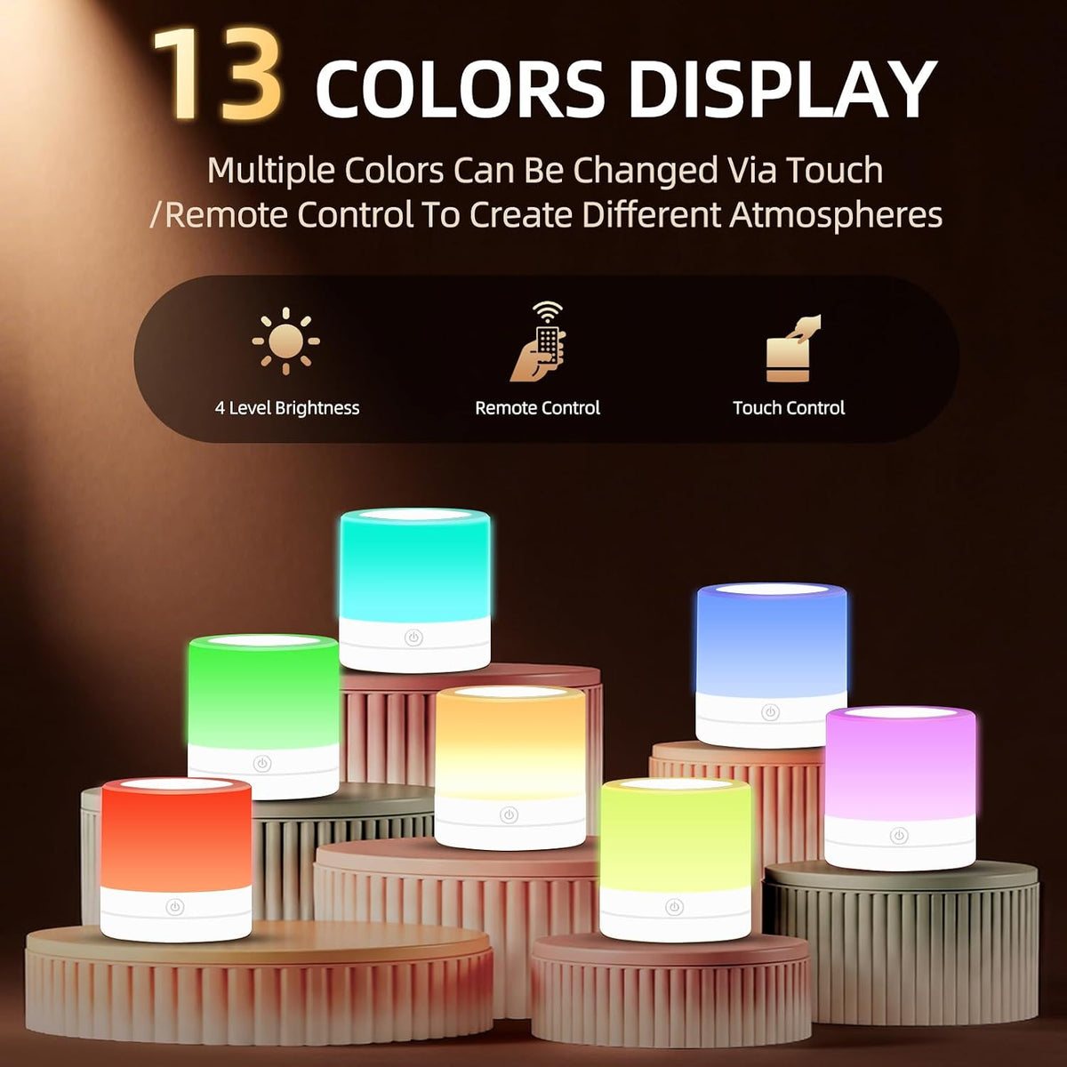 Portable Night Light for Kids, USB Rechargeable Small Desk Lamp,13 RGB Colors & 4 Brightness & 1 Remote, Touch Bedside Table Lamp for Nursery Bedroom Living Room Home (Wood Grain)