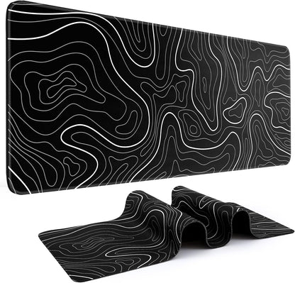 Gaming Mouse Pad, Black with White Topographic Line, 31.5x11.8in