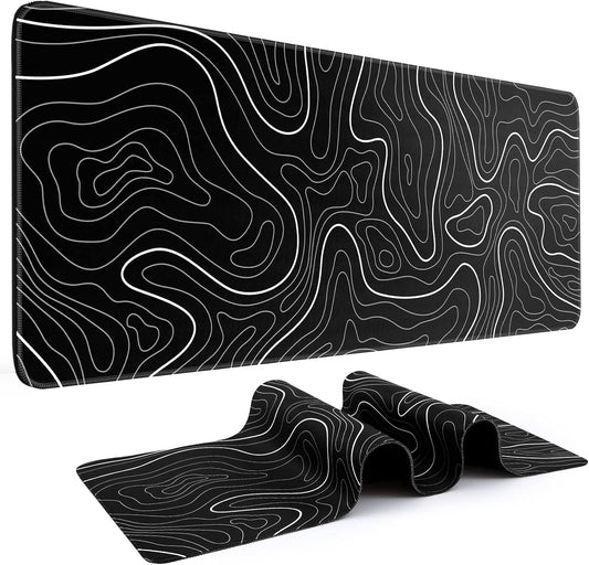 Gaming Mouse Pad, Black with White Topographic Line, 31.5x11.8in