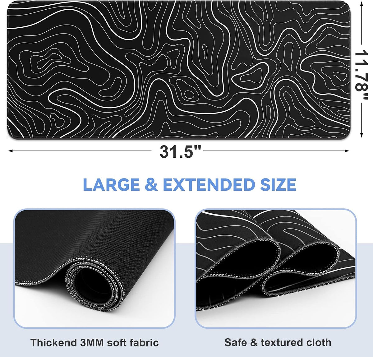 Gaming Mouse Pad, Black with White Topographic Line, 31.5x11.8in