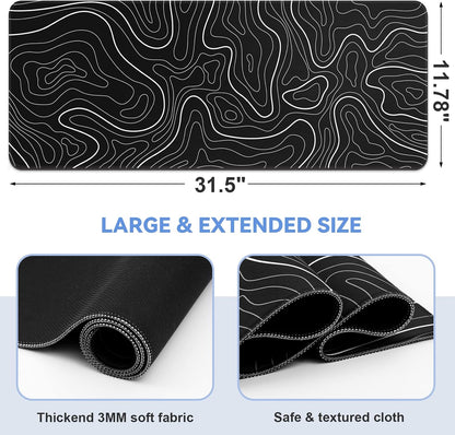 Gaming Mouse Pad, Black with White Topographic Line, 31.5x11.8in