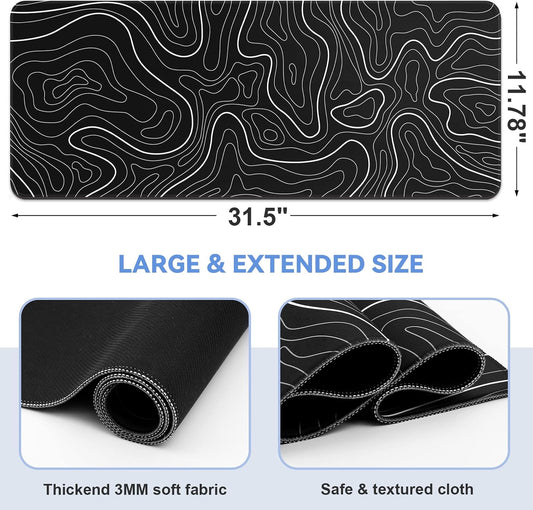 Gaming Mouse Pad, Black with White Topographic Line, 31.5x11.8in
